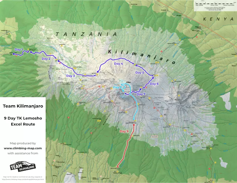9 Day TK Lemosho Route Map